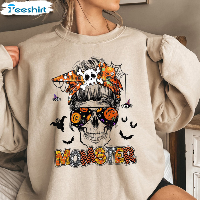 Momster Halloween Shirt For Mom, Skeleton Messy Sweater, Spooky Seasons Cool Design Sweatshirt For Halloween