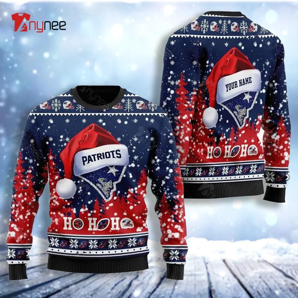 New England Patriot Symbol Wearing Santa Claus Hat Ho Ho Ho Ugly Christmas Sweater- Best Christmas Gifts 2023