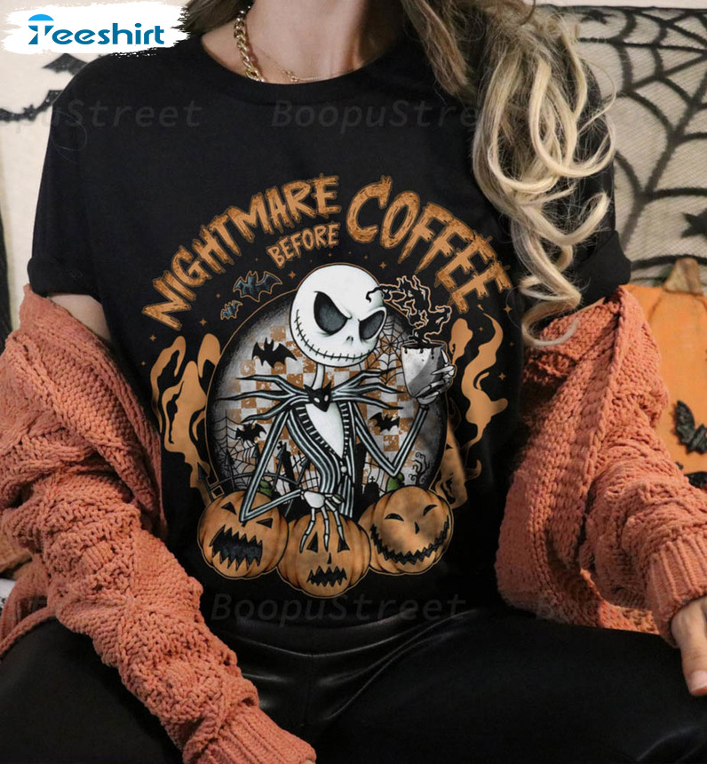 Nightmare Before Coffee Funny Shirt, Skeleton Halloween Long Sleeve Sweatshirt