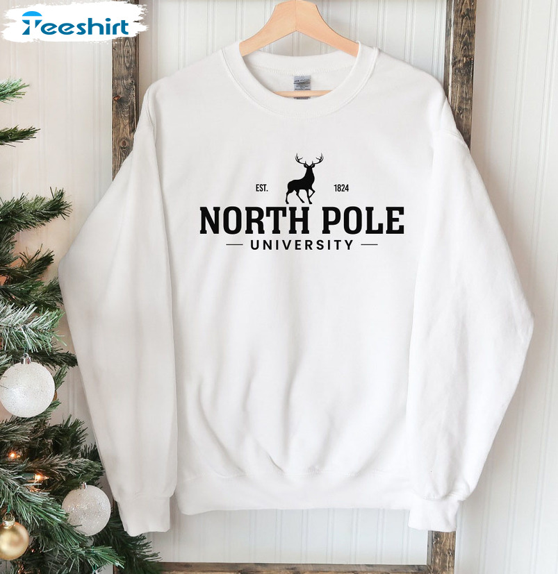 North Pole Univeristy Shirt – Christmas Reindeer Short Sleeve Sweater