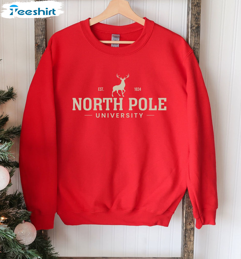 North Pole Univeristy Shirt – Christmas Reindeer Short Sleeve Sweater