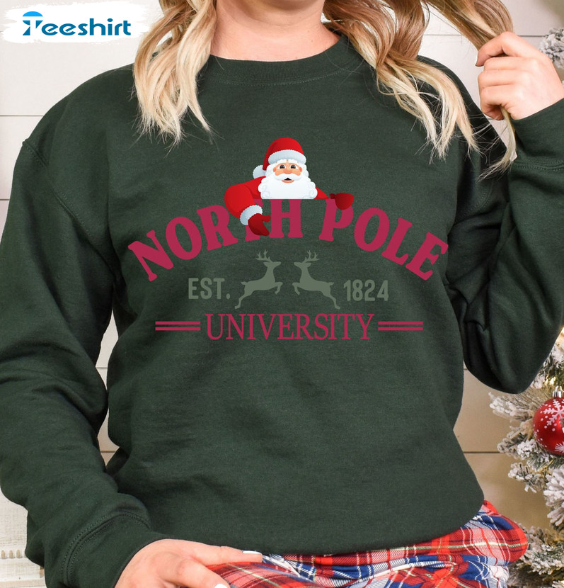 North Pole University Shirt – Christmas Santa And Reindeer Tee Tops Short Sleeve