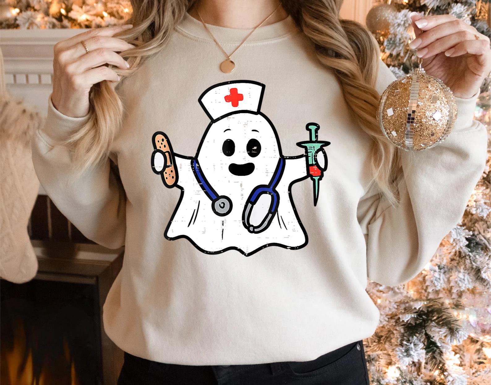 Nurse Ghost Scrub Top Halloween Costume For Nurses Women RN T-Shirt