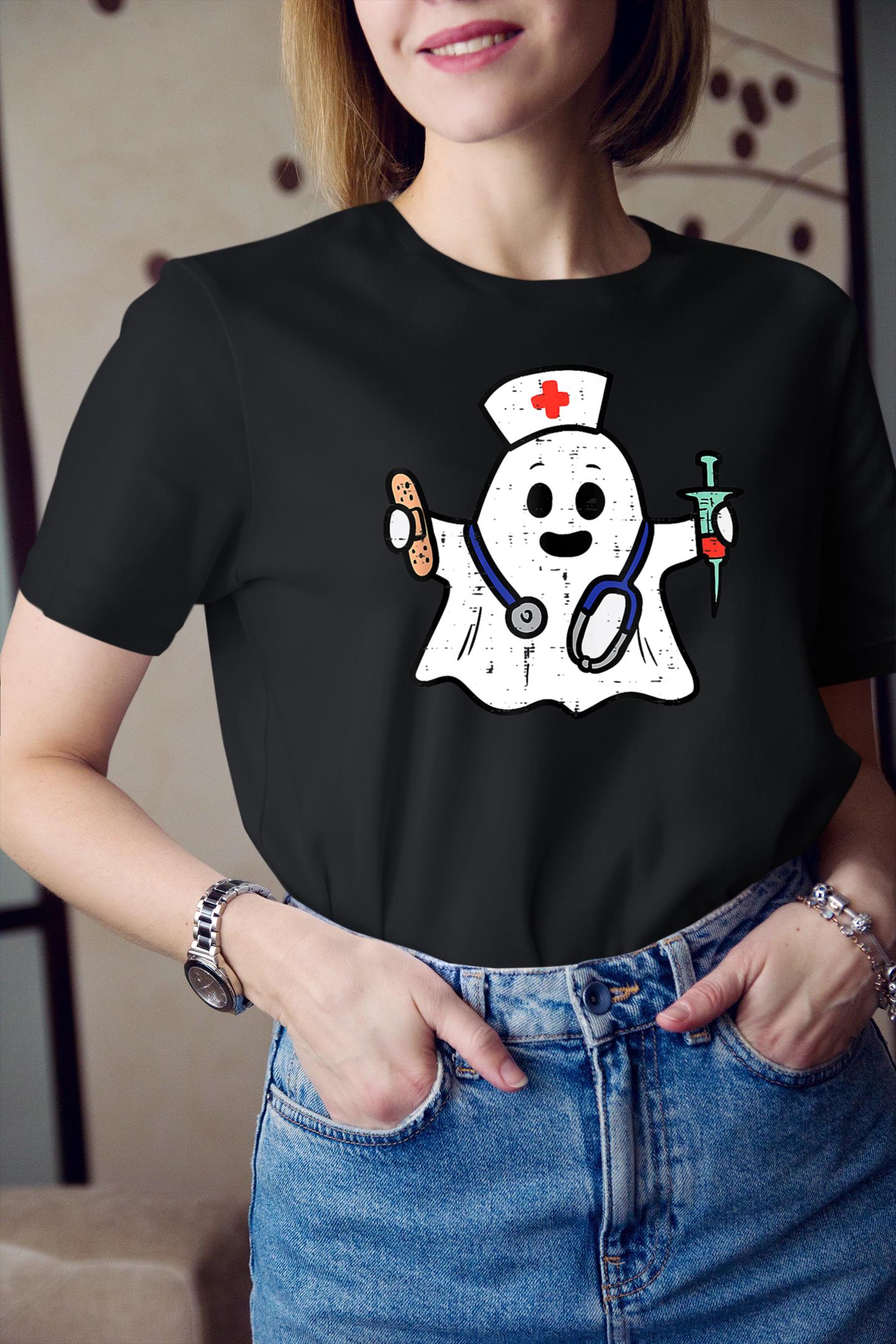 Nurse Ghost Scrub Top Halloween Costume For Nurses Women RN T-Shirt