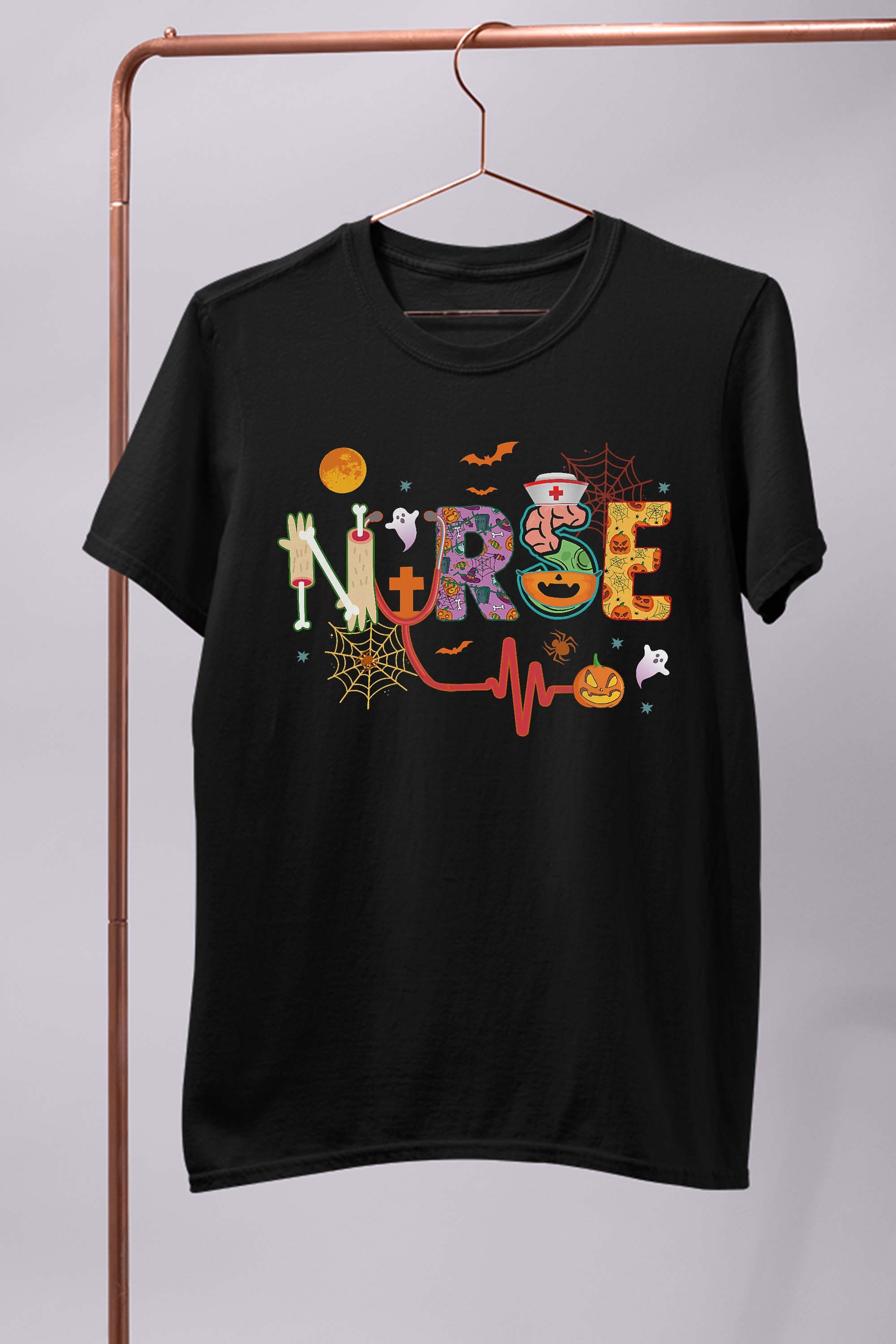 Nurse Halloween Costume Stethoscope Heartbeat Pumpkin Womens T-Shirt