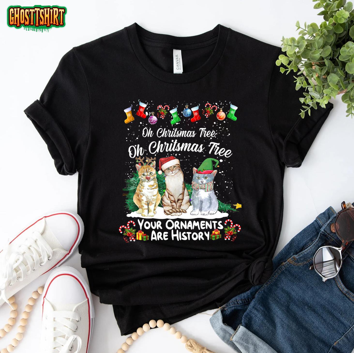 Oh Christmas Tree Your Ornaments Are History Funny Cat Xmas T-Shirt