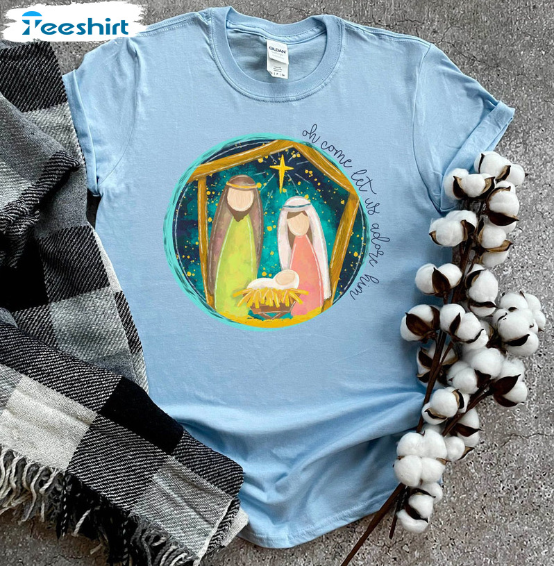 Oh Come Let Us Adore Him Vintage Shirt, Christian Christmas Short Sleeve Unisex Hoodie