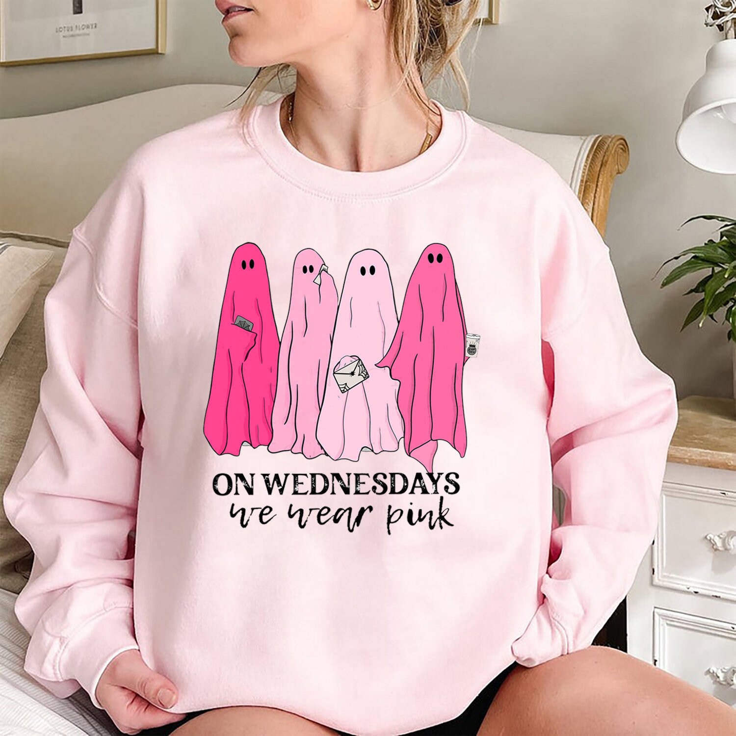 On Wednesday We Wear Pink Ghost Halloween Sweatshirt