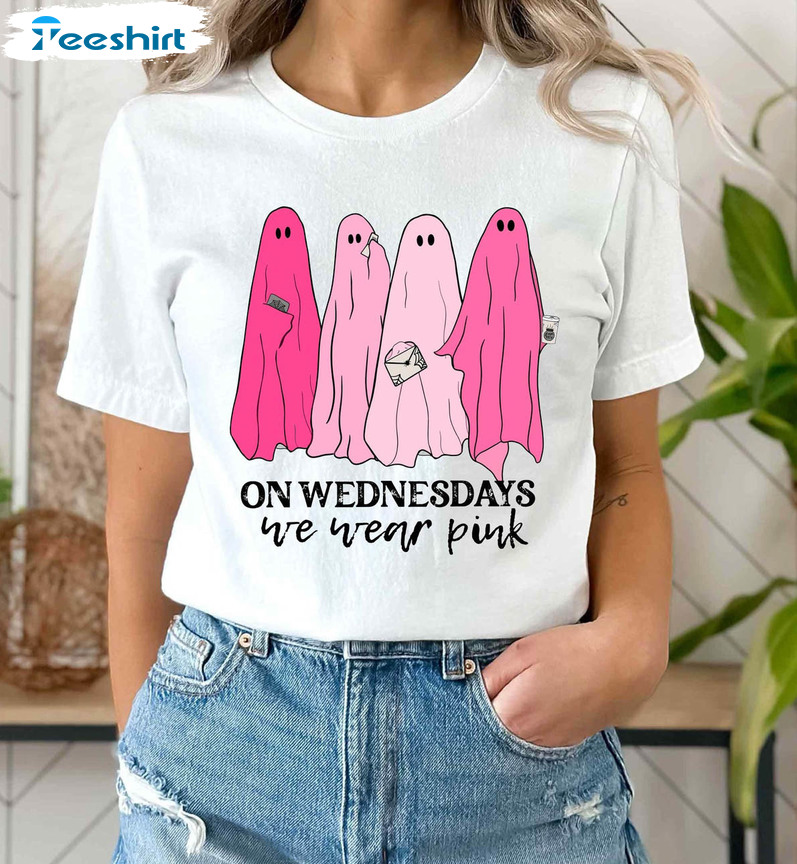 On Wednesday We Wear Pink Ghost Matching Shirt, Halloween Tee Tops Short Sleeve