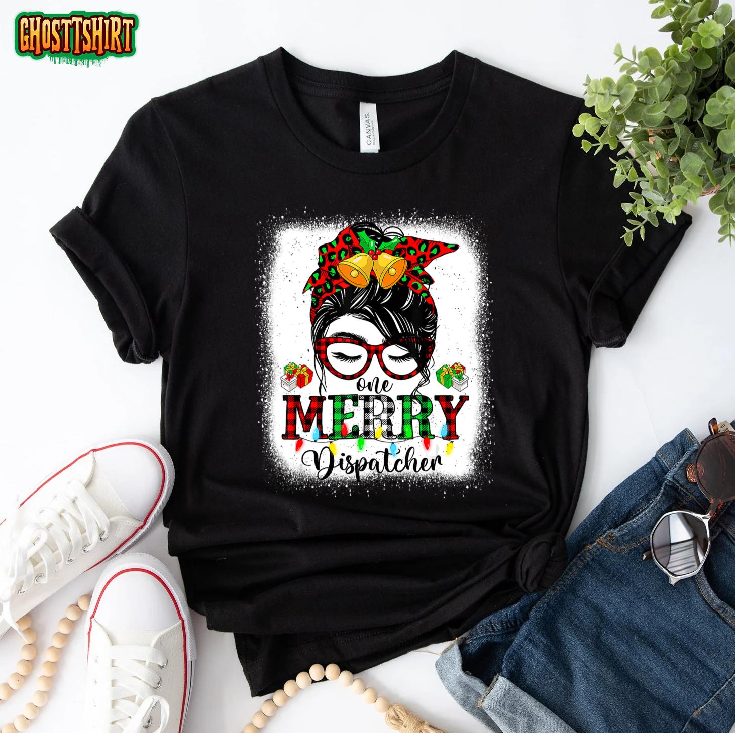 One Merry Dispatcher Christmas Messy Bun T-Shirt