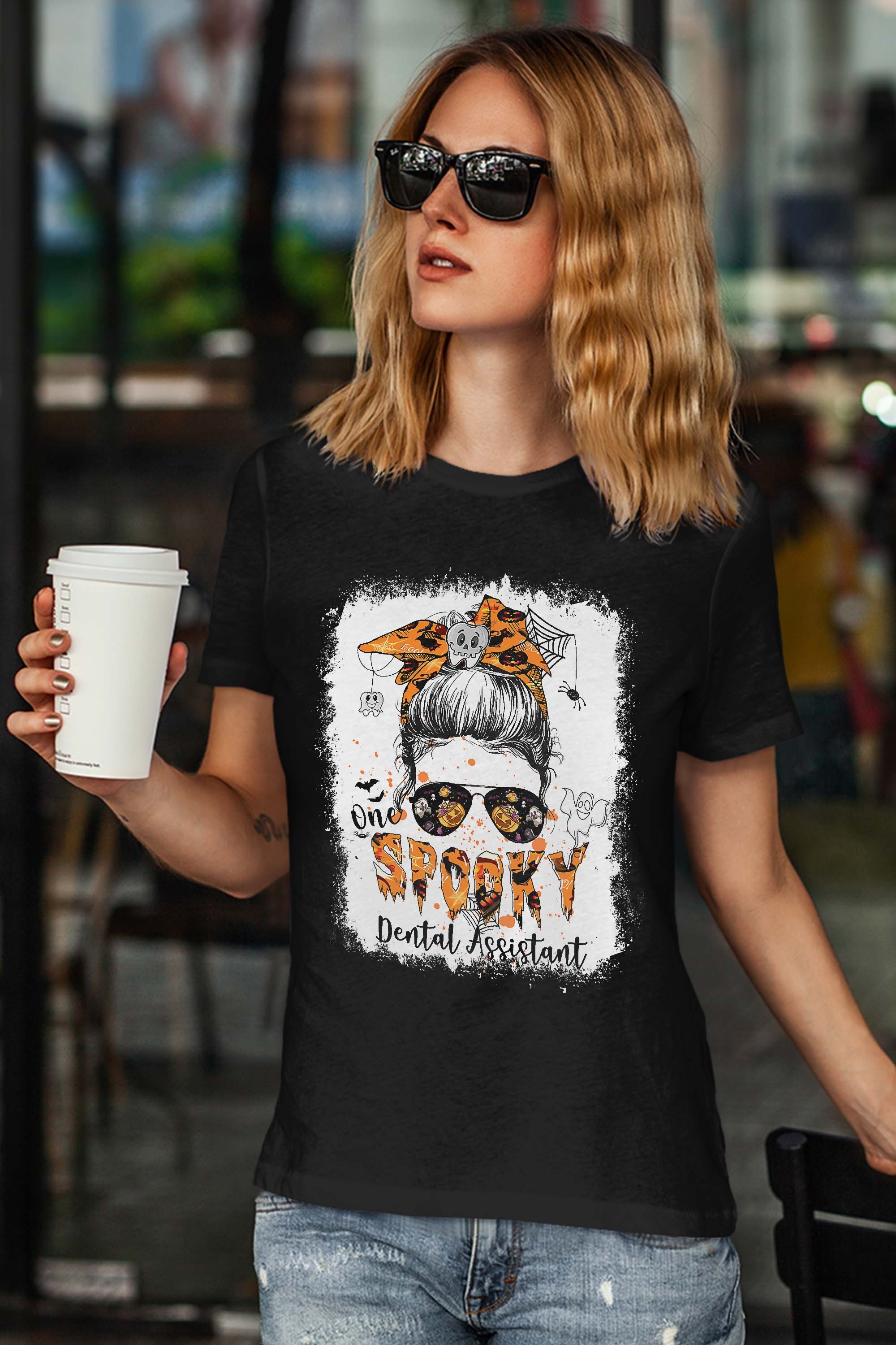 One Spooky Dental Assistant Halloween Messy Bun Bleached T-Shirt