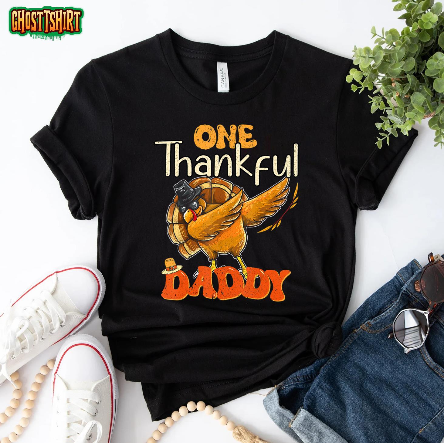 One Thankful Daddy Thanksgiving fun Family Matching Turkey T-Shirt