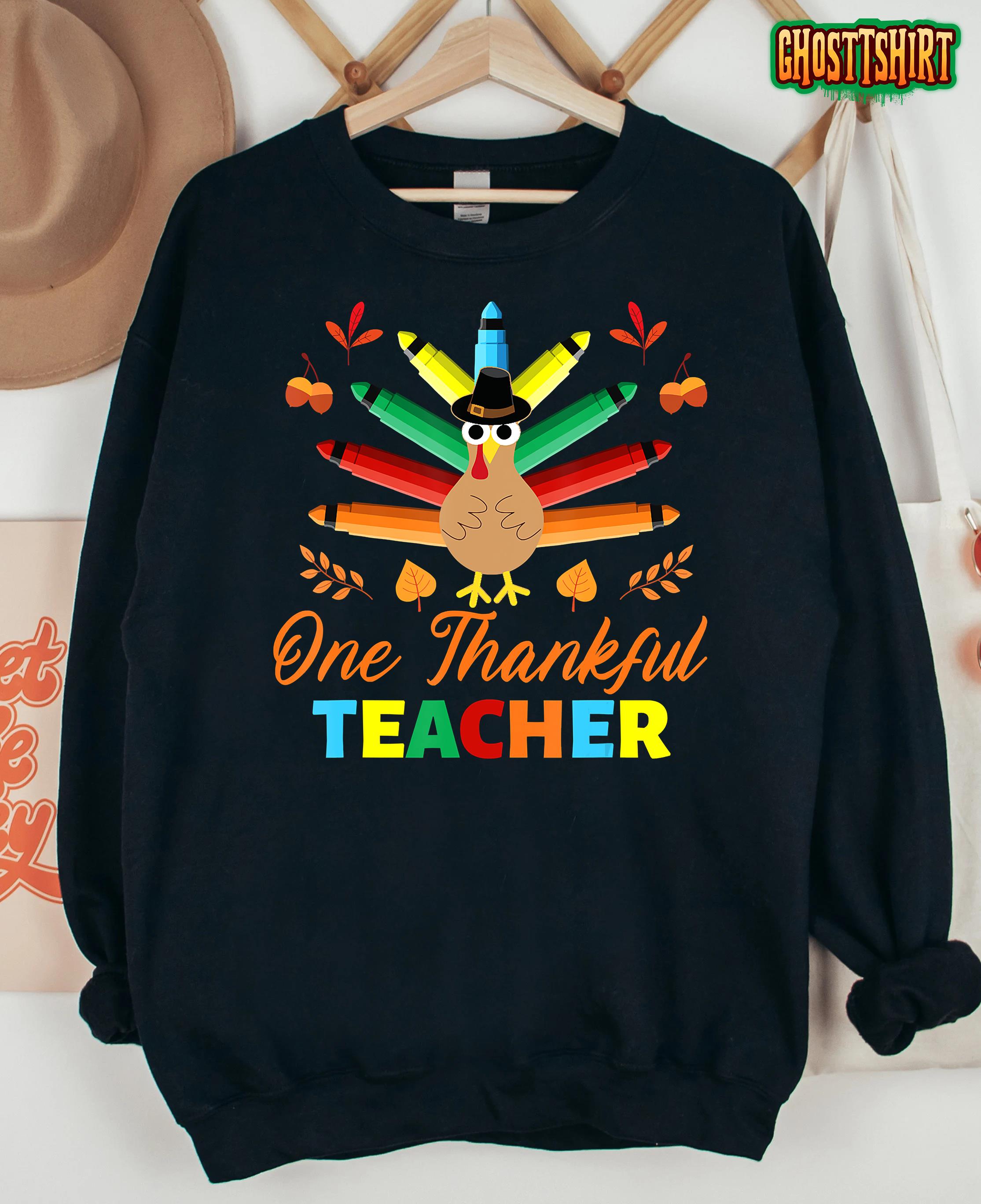 One Thankful Teacher Crayon Turkey And Pumpkin Thanksgiving T-Shirt