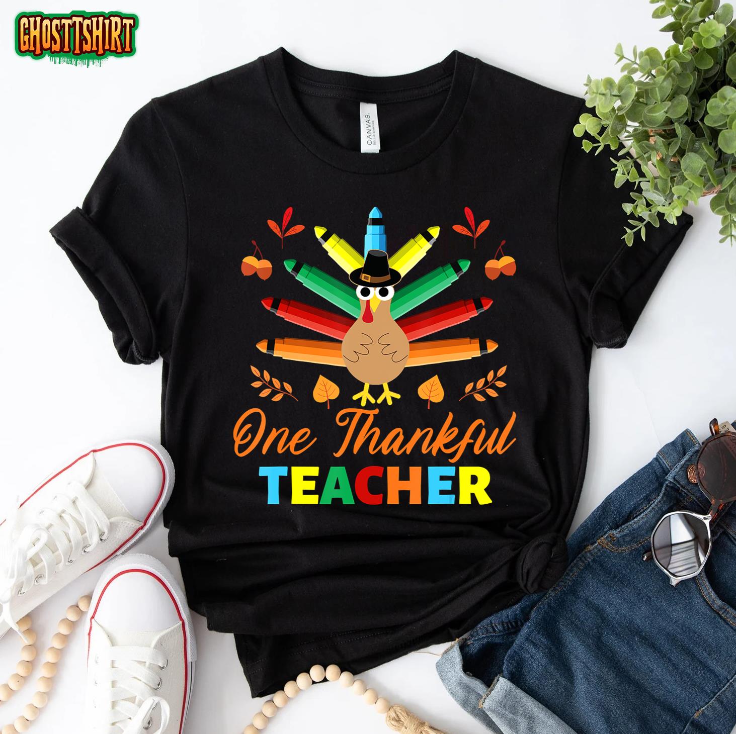 One Thankful Teacher Crayon Turkey And Pumpkin Thanksgiving T-Shirt