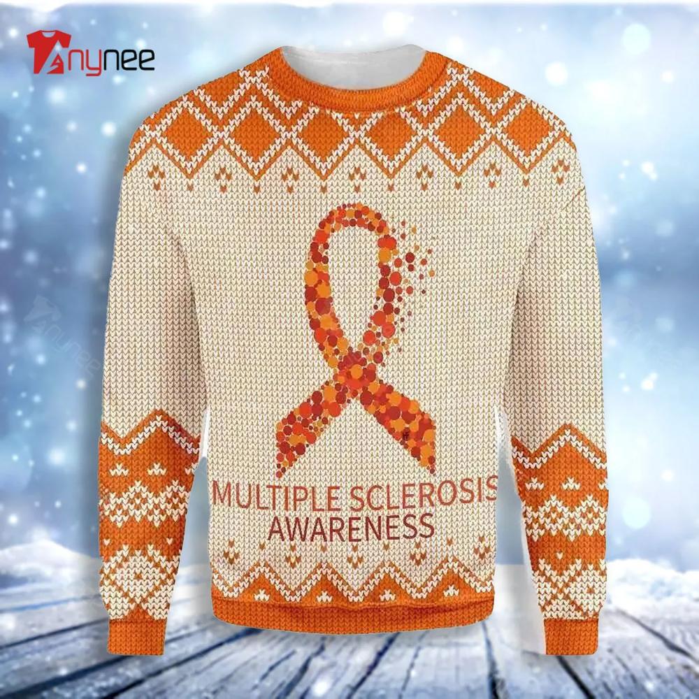 Orange Ribbon Multiple Sclerosis Awareness Ugly Christmas Sweater- Best Christmas Gifts 2023