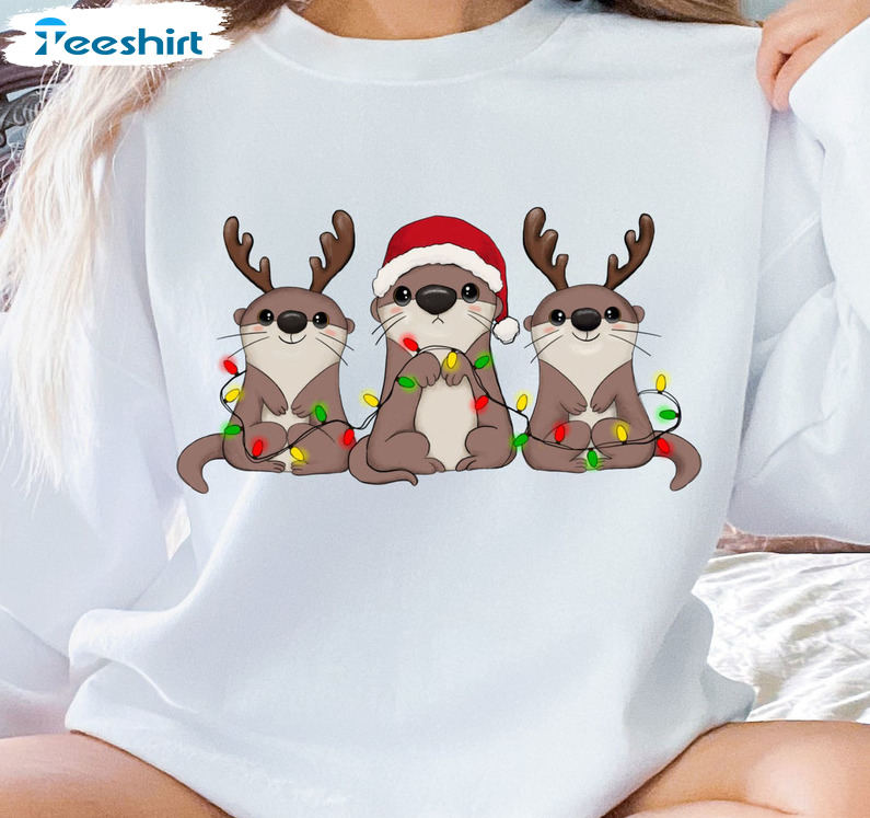 Otter Christmas Light Shirt, Christmas Matching Tee Tops Unisex Hoodie