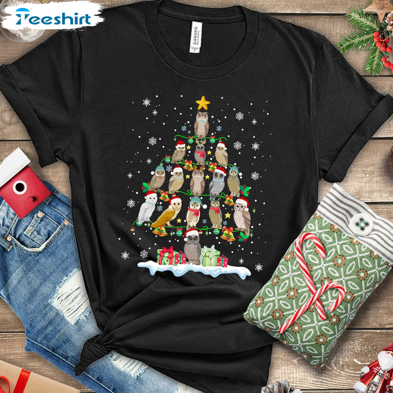 Owl Christmas Tree Shirt, Merry Christmas Short Sleeve Crewneck