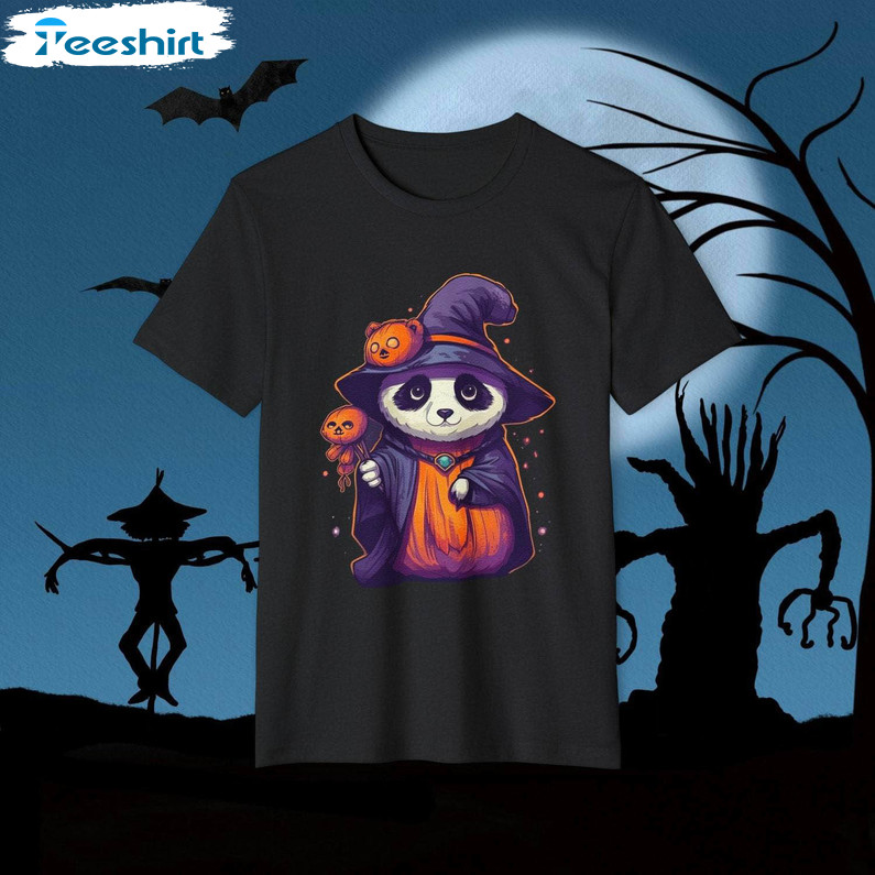 Panda Pumpkin Witch Organic Shirt, Halloween Short Sleeve Sweater