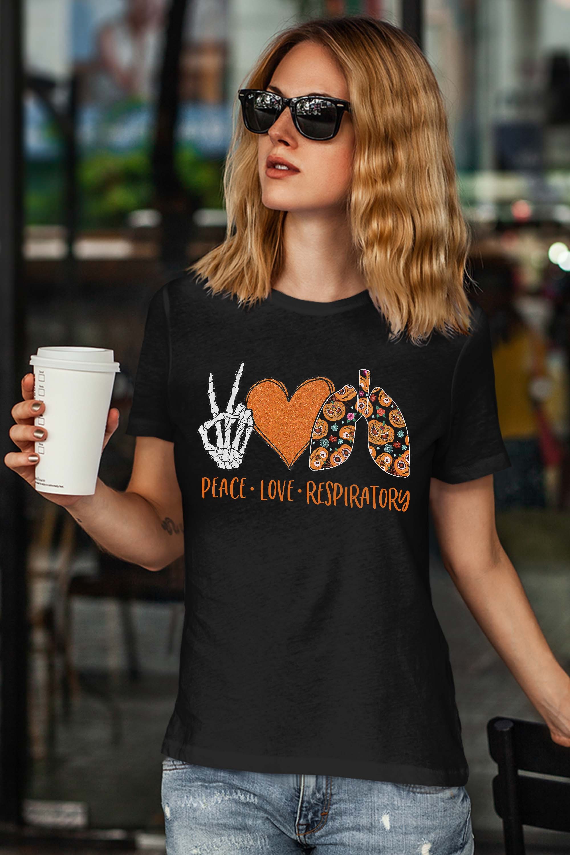 Peace Love Respiratory Therapist Therapy Halloween Costume Skeleton Gift T-Shirt