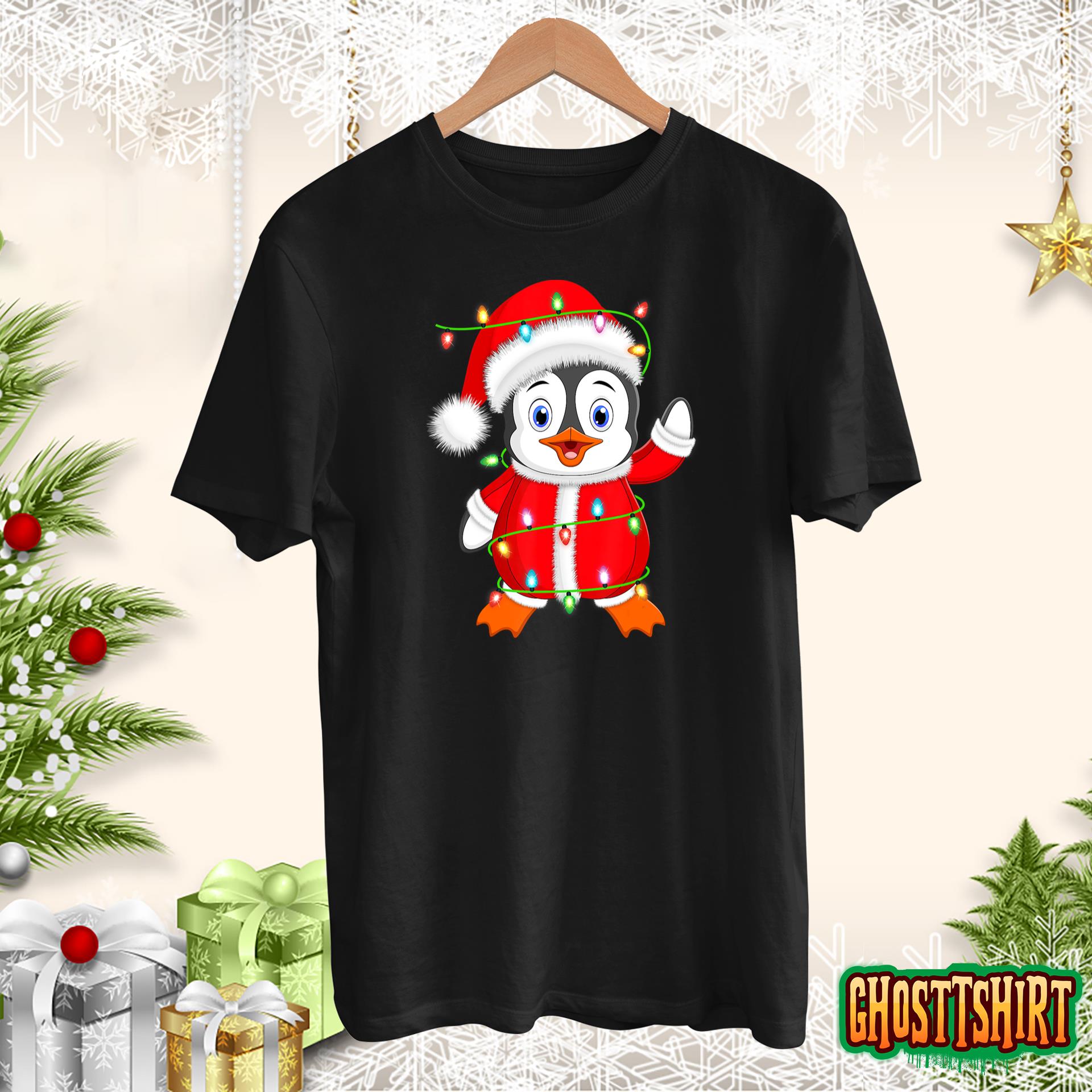 Penguin Lover Xmas Lighting Santa Penguin Christmas T-Shirt