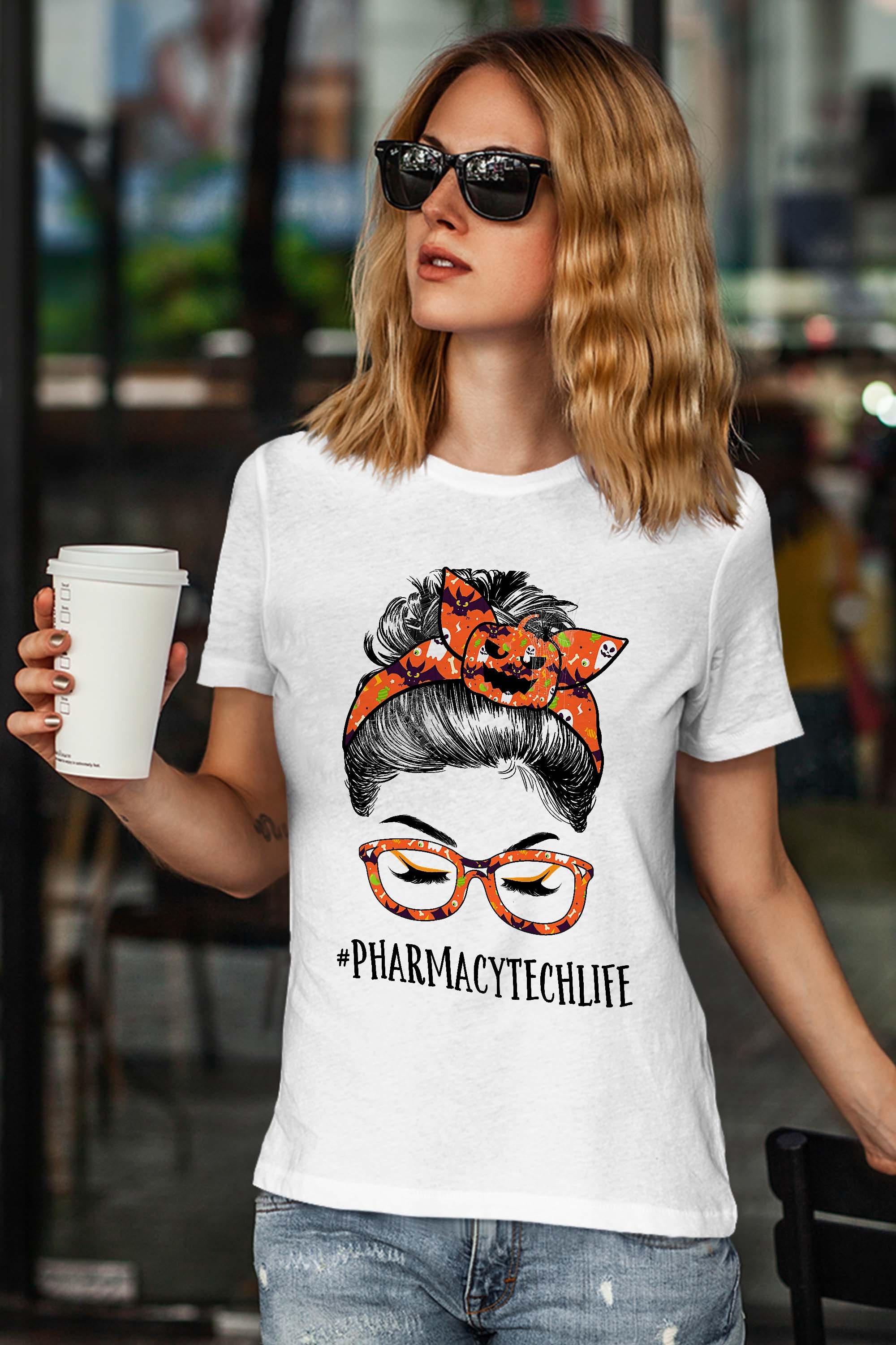 Pharmacy Tech Life Technician Women Messy bun Pumpkin Halloween Spider Gift T-Shirt