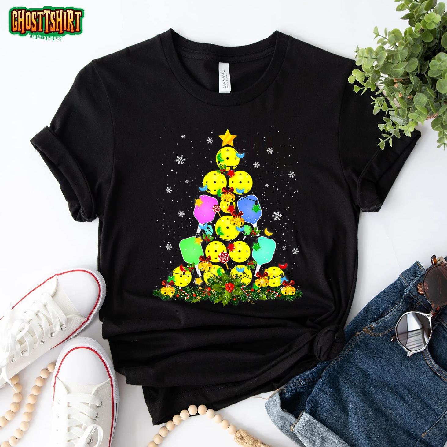 Pickleball Christmas Tree Santa Pickleball X Mas Lights T-Shirt