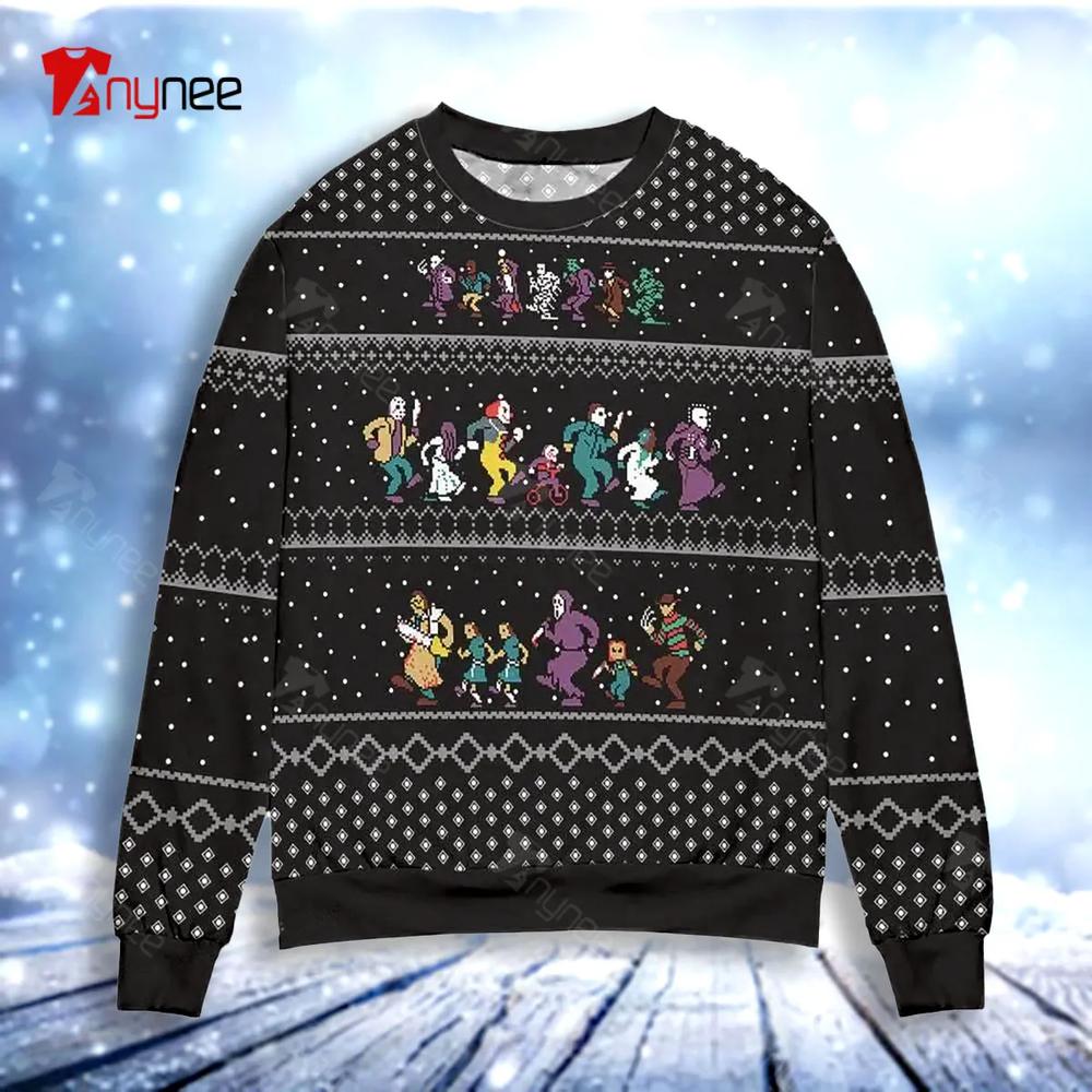 Pixel Horror Characters Snowy Night Ugly Christmas Sweater- Best Christmas Gifts 2023