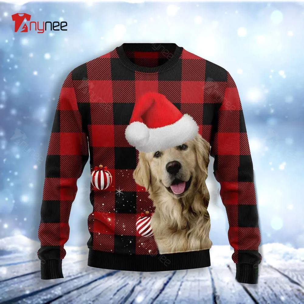 Plaid Pattern Golden Retriever Ugly Christmas Sweater- Best Christmas Gifts 2023