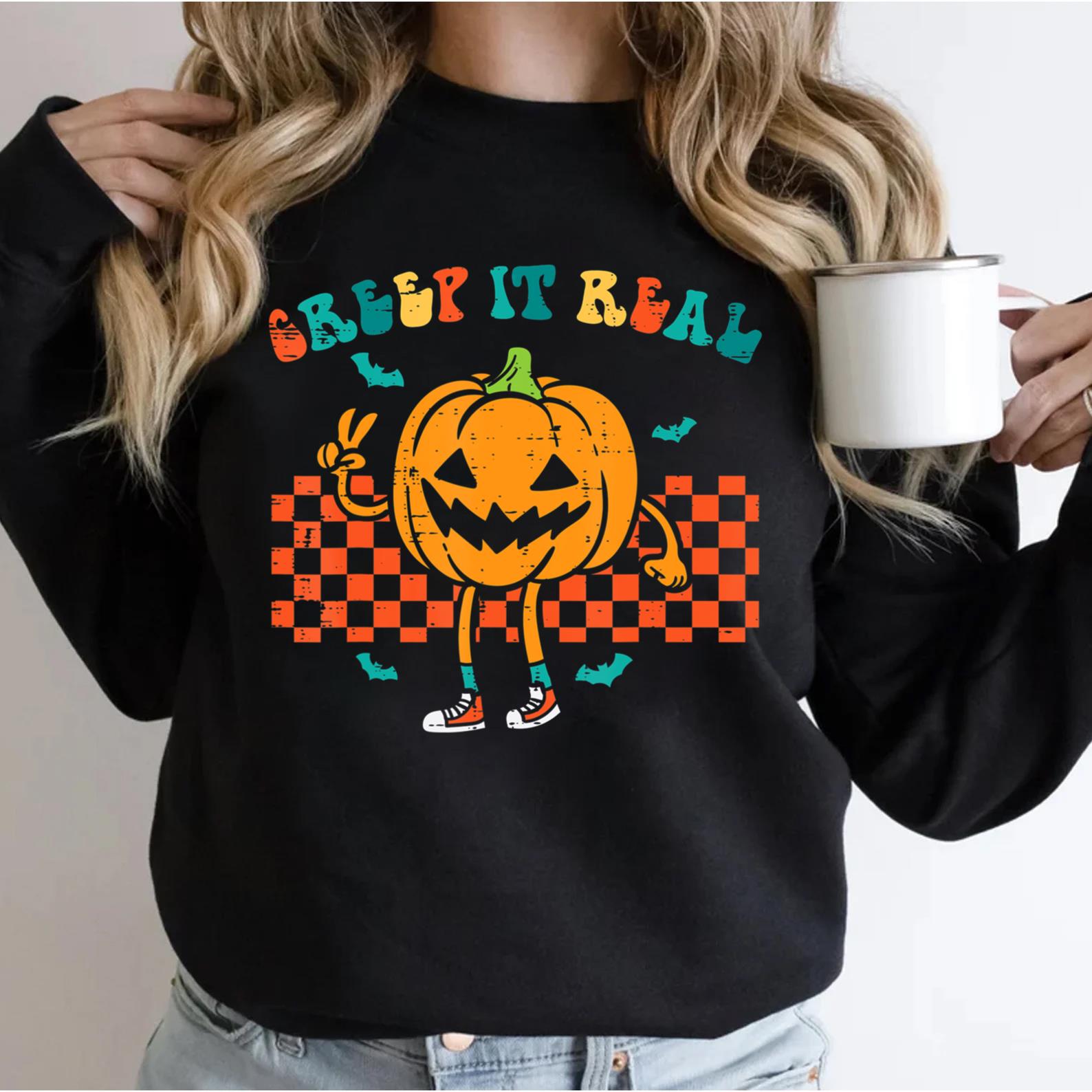 Pumpkin Creep It Real Retro Jackolantern Halloween Costume T-Shirt