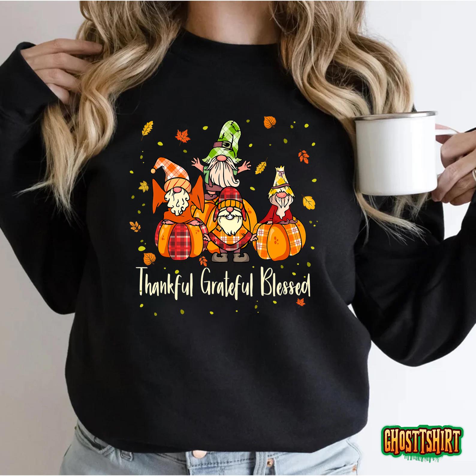 Pumpkin Fall Gnome Leopard Thankful Grateful Blessed T-Shirt