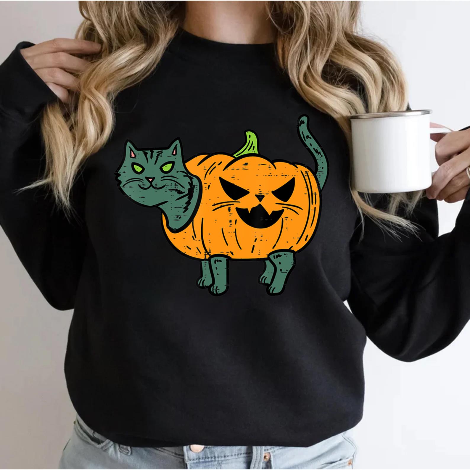 Pumpkin Jackolantern Black Cat Retro Vintage Halloween Women T-Shirt