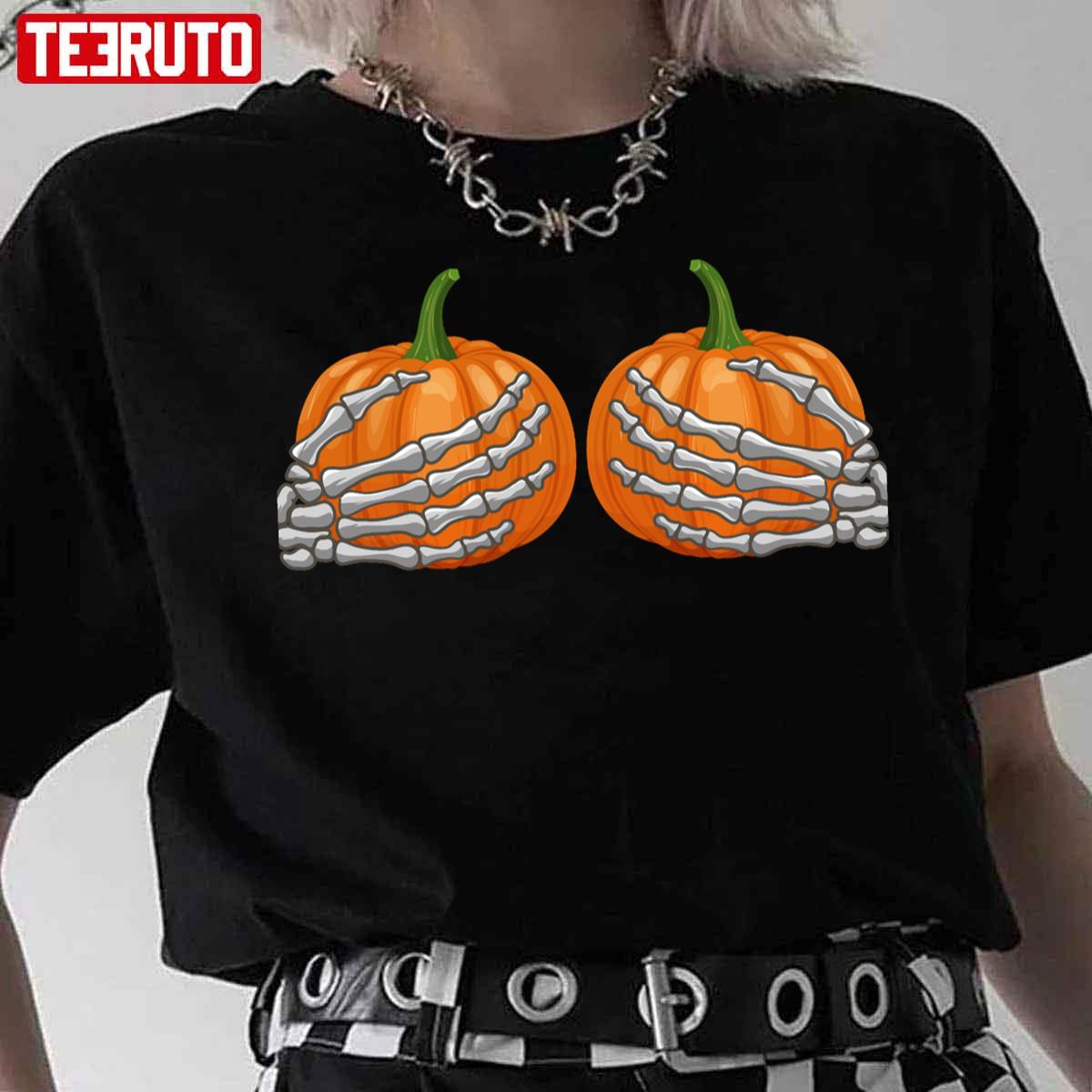 Pumpkin Skeleton Boob Hands Halloween Unisex T-Shirt