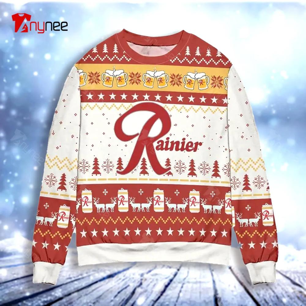 Rainier Beer Reindeer Pine Tree Ugly Christmas Sweater- Best Christmas Gifts 2023