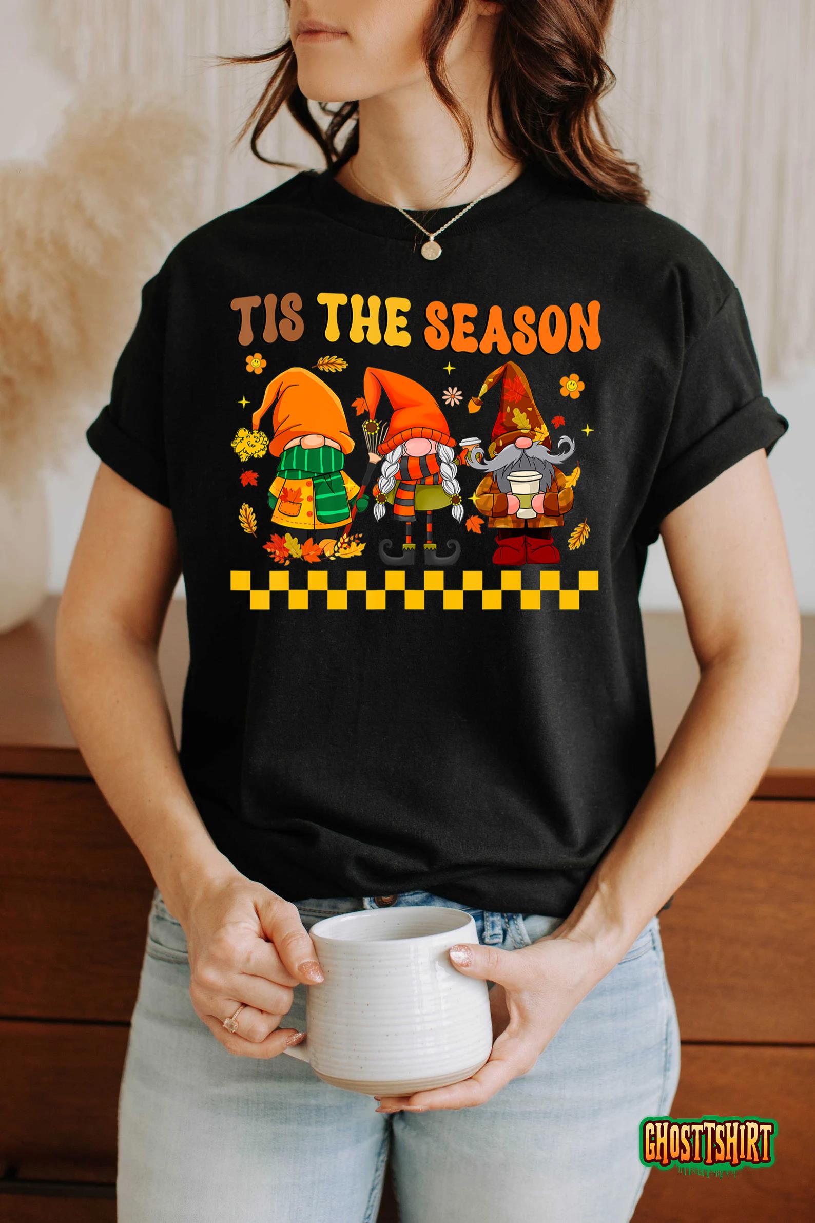 Retro Groovy Tis The Season Fall Gnomes Hippie Thanksgiving T-Shirt