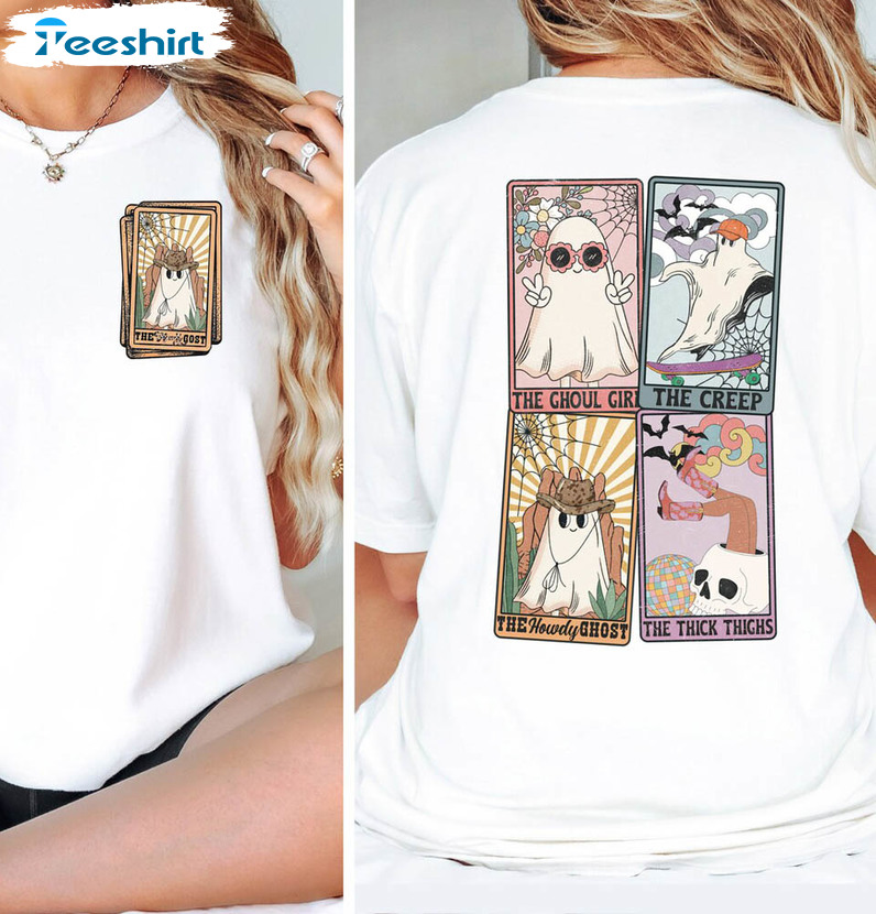 Retro Halloween Ghost Tarot Card Shirt, Western Trendy Unisex T-shirt Short Sleeve