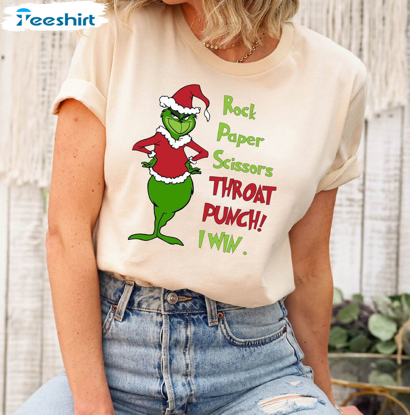 Rock Paper Scissors Throat Punch I Win Shirt – Grinch Christmas Unisex Hoodie Crewneck