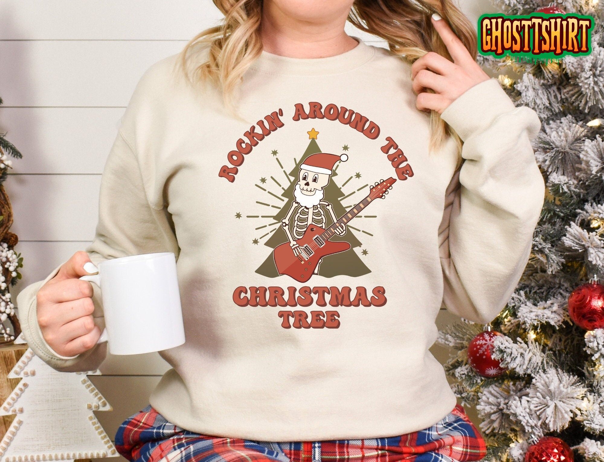 Rockin Around The Christmas Tree Skeleton Guitar Sweatshirt