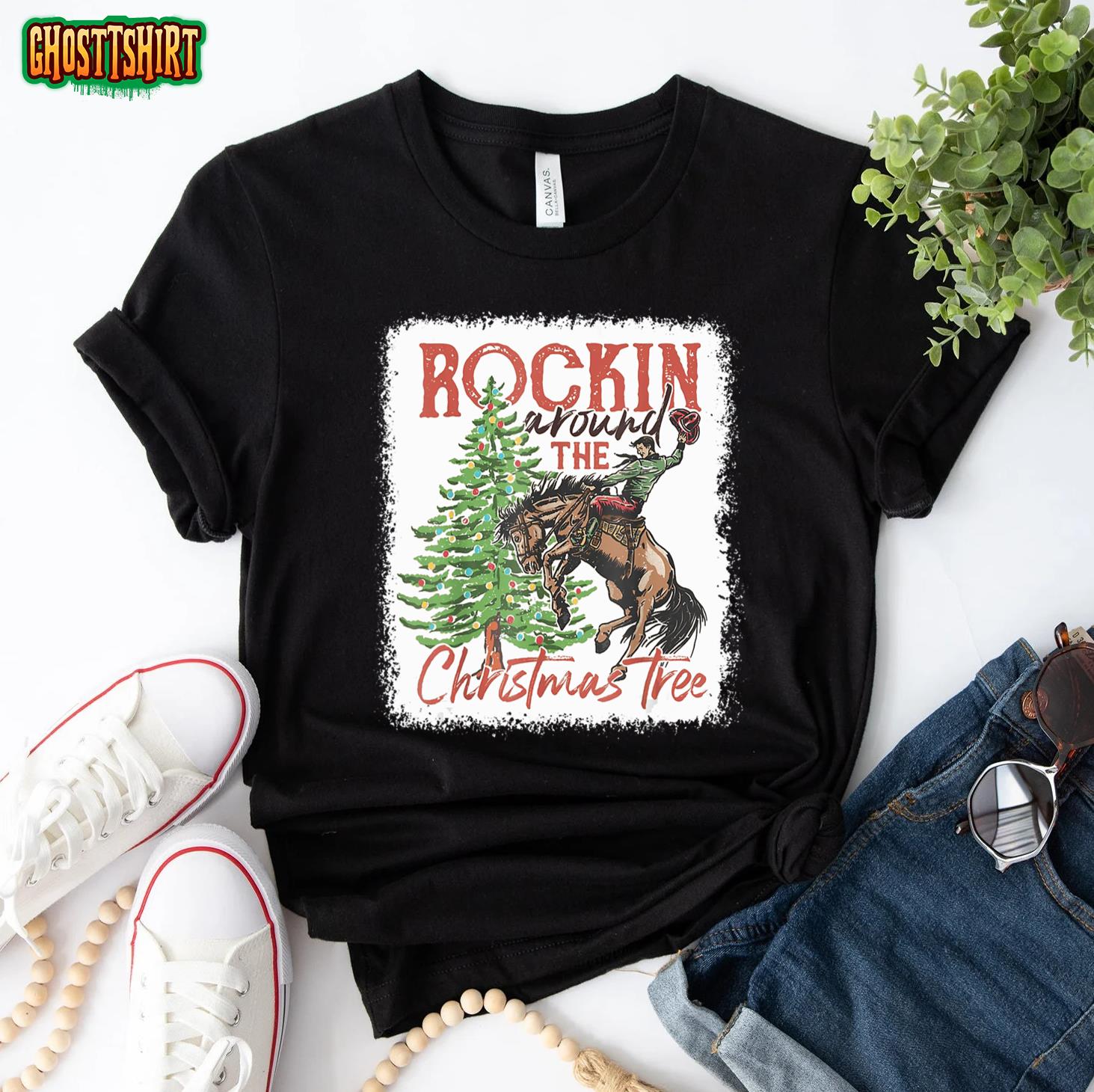 Rocking Around The Christmas Tree Christmas Cowboy Horse T-Shirt