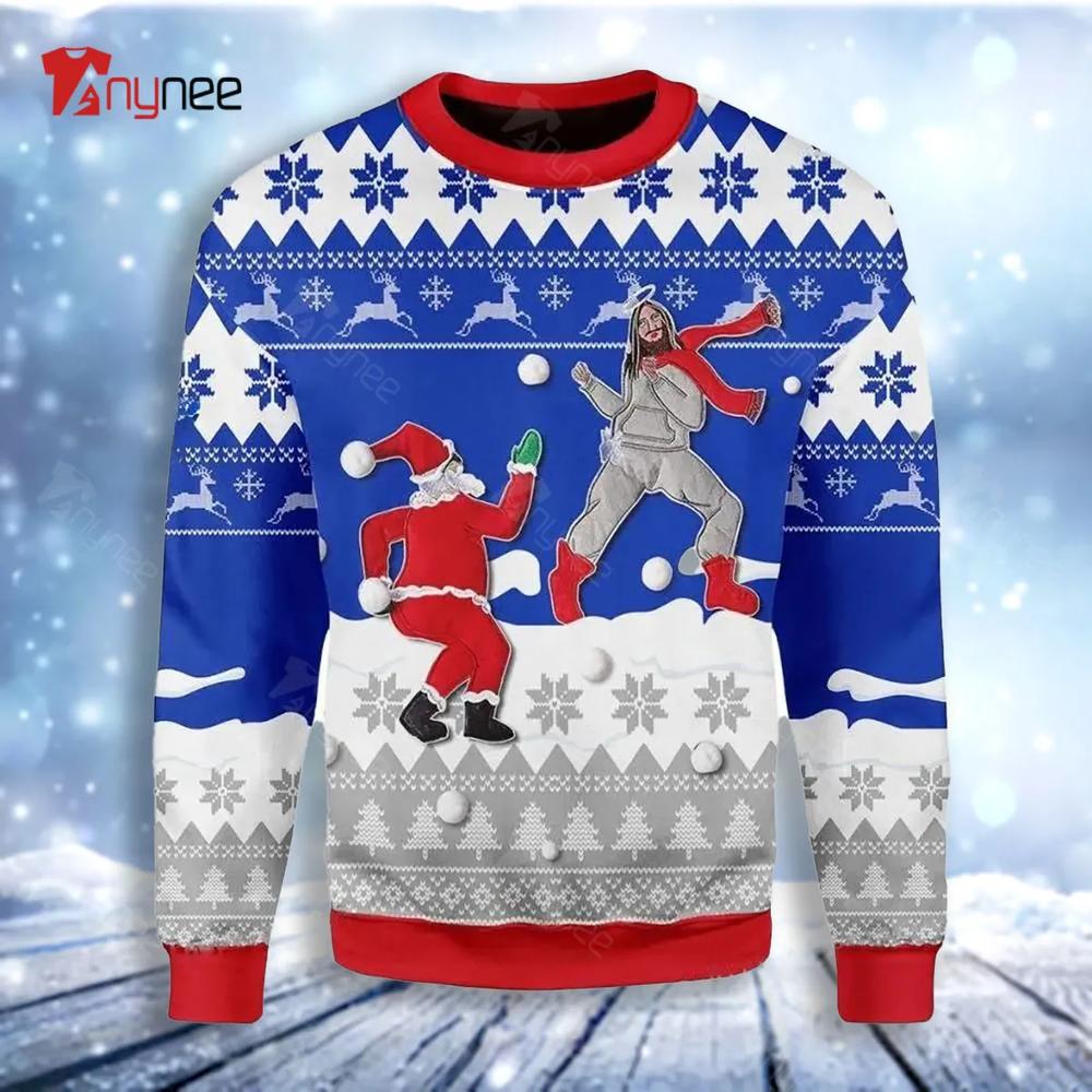 Santa And Jesus Playing Snowball For Ugly Christmas Sweater- Best Christmas Gifts 2023