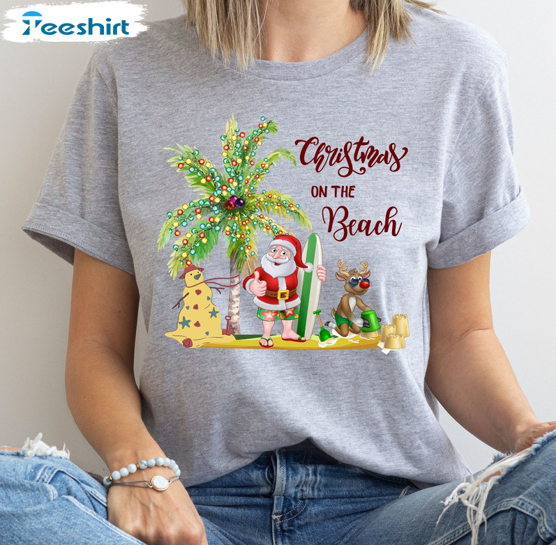 Santa Claus Christmas On The Beach Shirt, Hawaii Christmas Family Sweatshirt Hoodie Long Sleeve