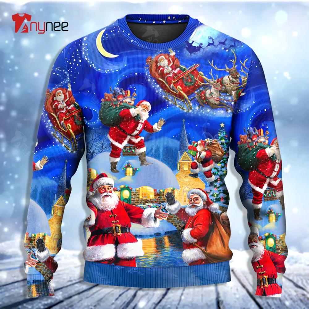 Santa Claus In The Town Magic Night Art Style Ugly Christmas Sweater- Best Christmas Gifts 2023