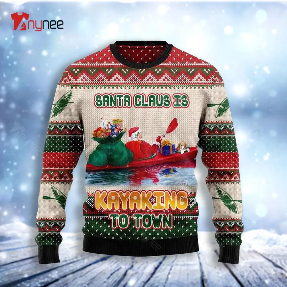 Santa Claus Is Kayaking To Town Ugly Christmas Sweater- Best Christmas Gifts 2023