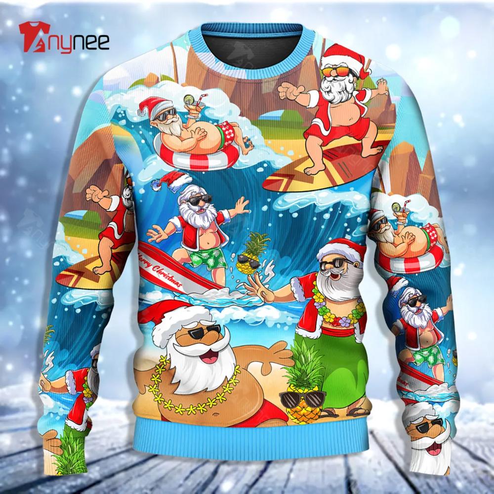 Santa Claus Play On The Beach Mele Kalikimaka Funny Ugly Christmas Sweater- Best Christmas Gifts 2023