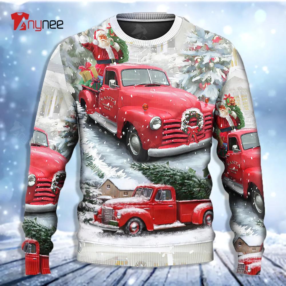 Santa Claus Red Truck Xmas Is Coming Art Style Ugly Christmas Sweater- Best Christmas Gifts 2023