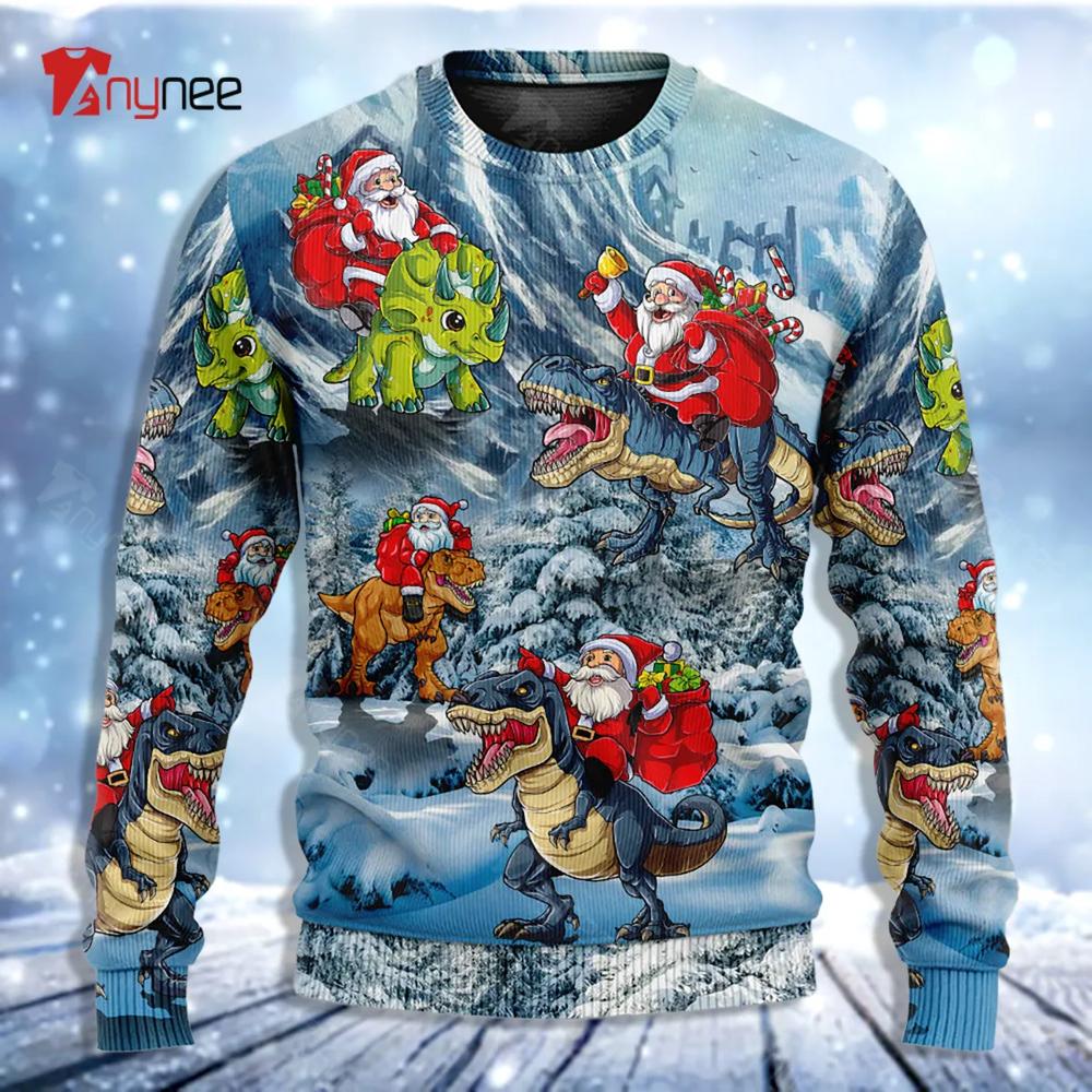 Santa Claus Riding Dinosaur Tree Gift Light Art Style Ugly Christmas Sweater- Best Christmas Gifts 2023