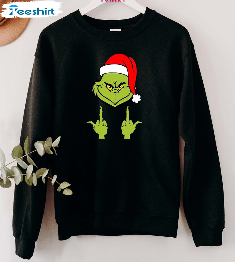 Santa Grinch Sweatshirt, Middle Finger Funny Christmas Long Sleeve Hoodie