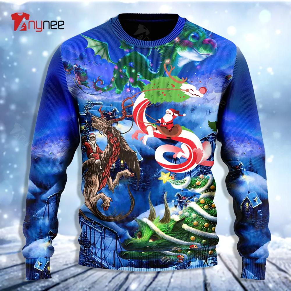 Santa Riding A Dragon Ugly Christmas Sweater- Best Christmas Gifts 2023