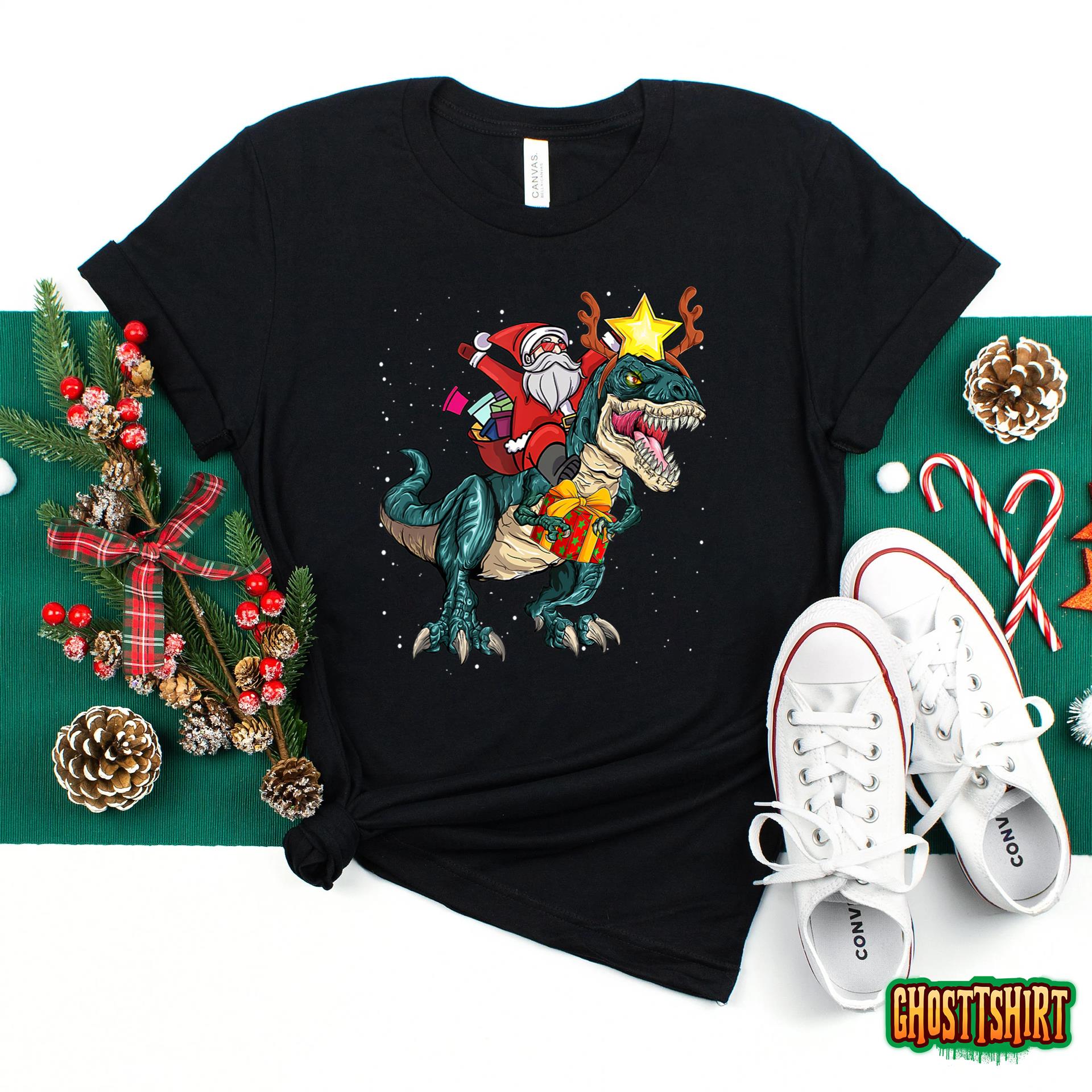 Santa Riding Dinosaur T rex Christmas Party Kids Boys Xmas T-Shirt