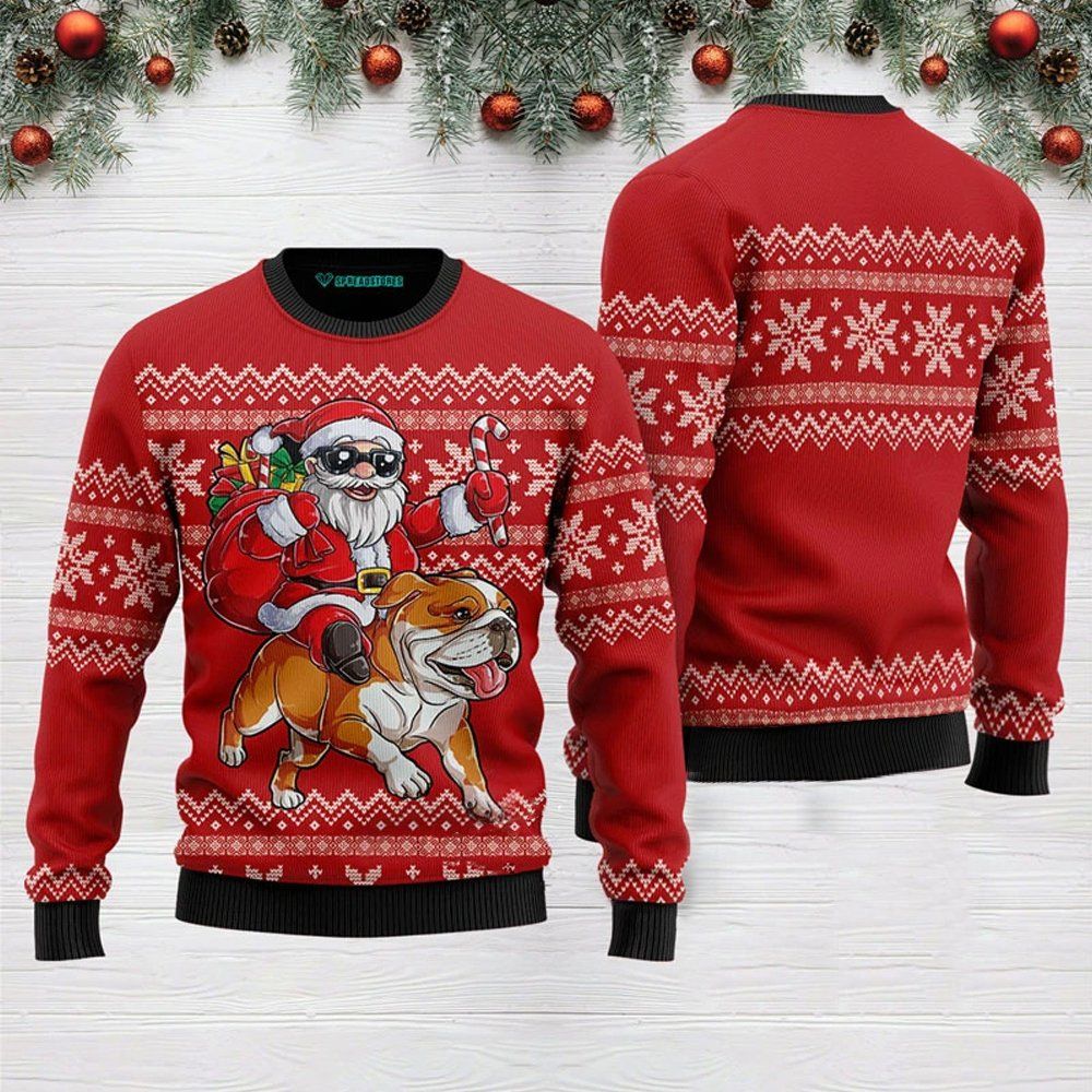 Santa Riding English Bulldog Ugly Christmas Sweater | For Men & Women | Adult | US3124- Best Christmas Gifts 2023