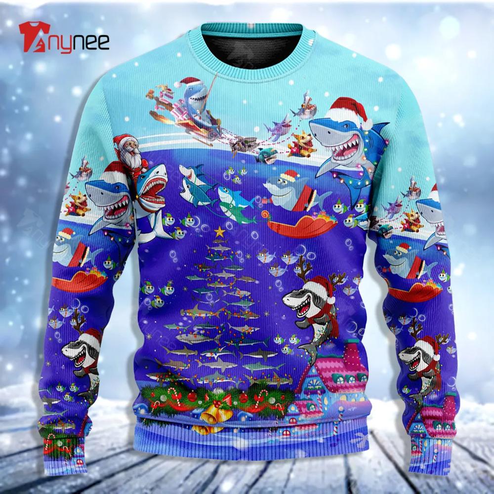 Santa Shark Sits On Rockets And Brings Gifts To Ocean Ugly Christmas Sweater- Best Christmas Gifts 2023